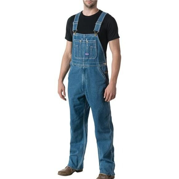Mens Denim Bib Overalls Stonewashed Adjustable Workwear Utility Pockets Durable - Picture 1 of 5
